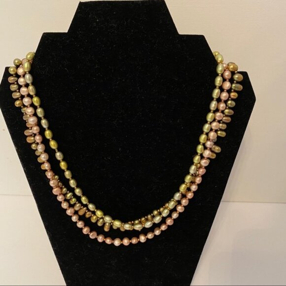 NECKLACE CHOKER BEADS PINK GREEN FRESHWATER PEARL 3 STRAND 17” - Picture 2 of 6